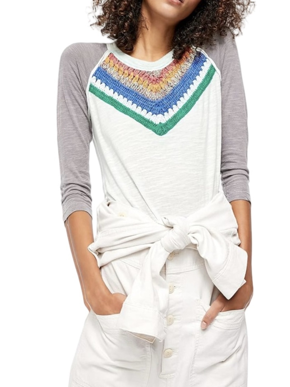 We The Free White Raglan Long Sleeve Tee with Multicolor Crochet Yoke